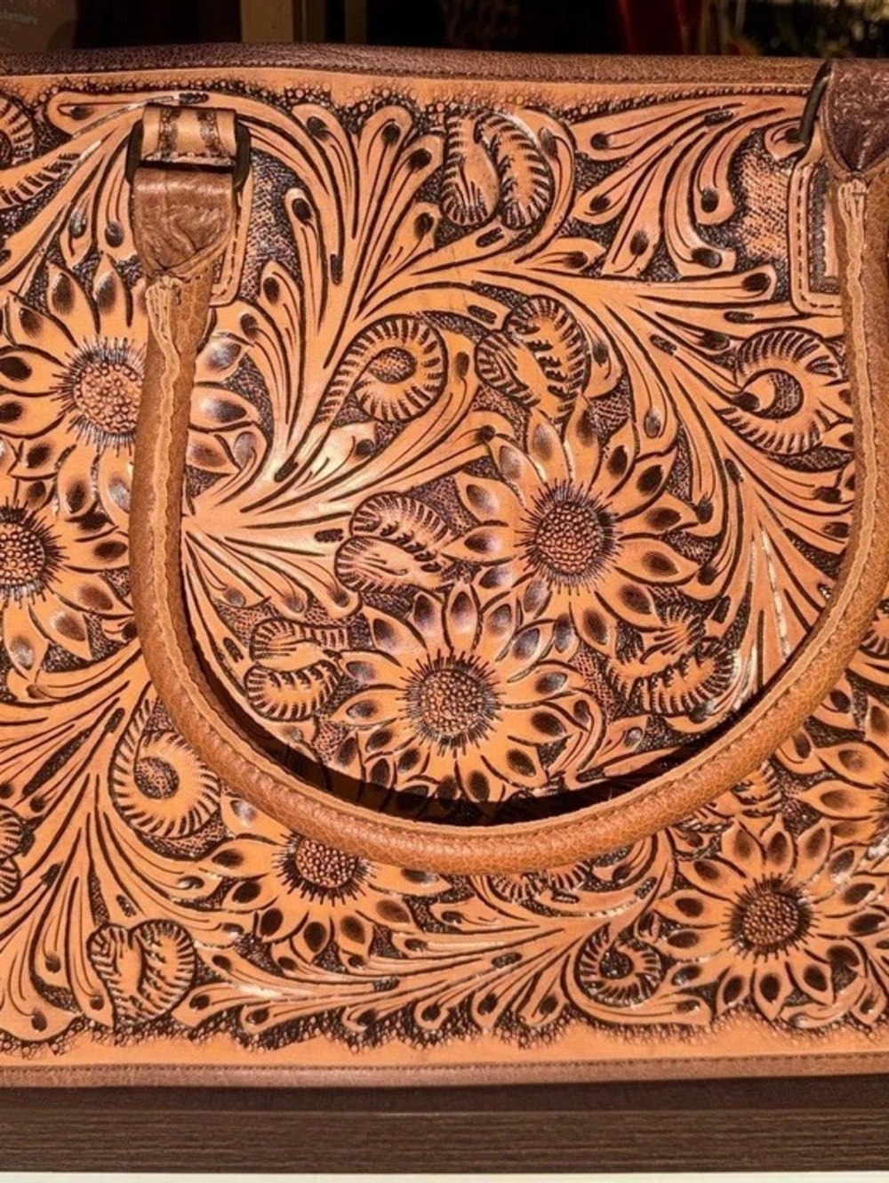 American Darling Sunflower Tooled Leather Western Tote Bag Brown